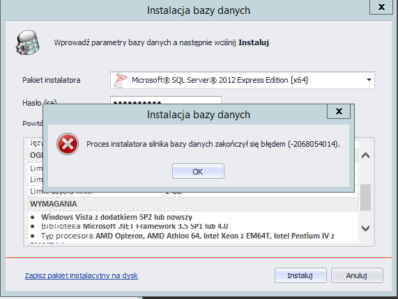 błąd podczas instalacji sql server