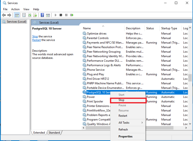 Stopping starting postgresql services pomoc statlook
